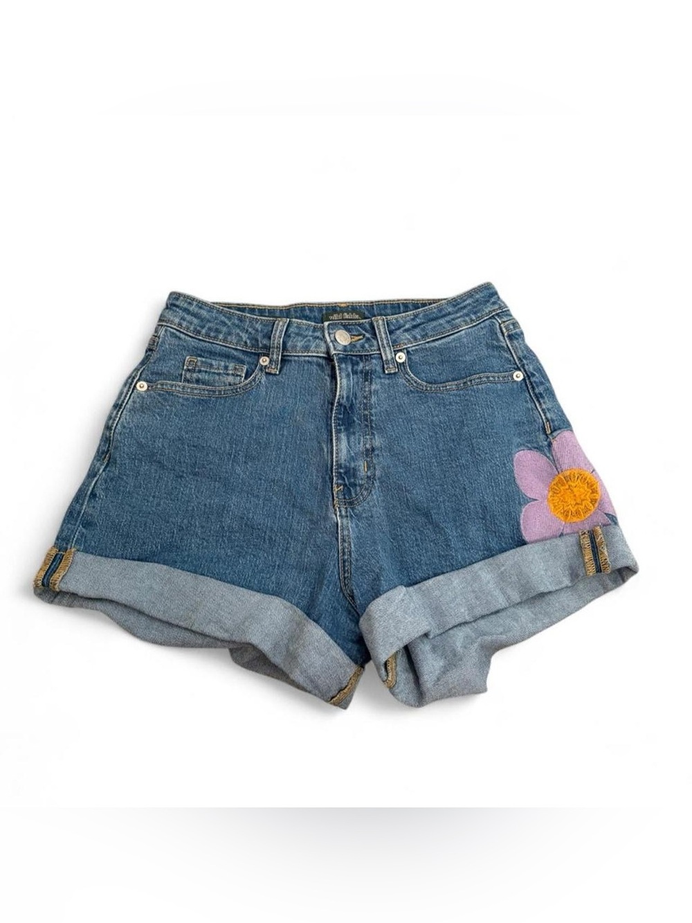 wild fable Blue Denim High-Rise Roll Cuff Shorts with Pink & Yellow Flower Patch